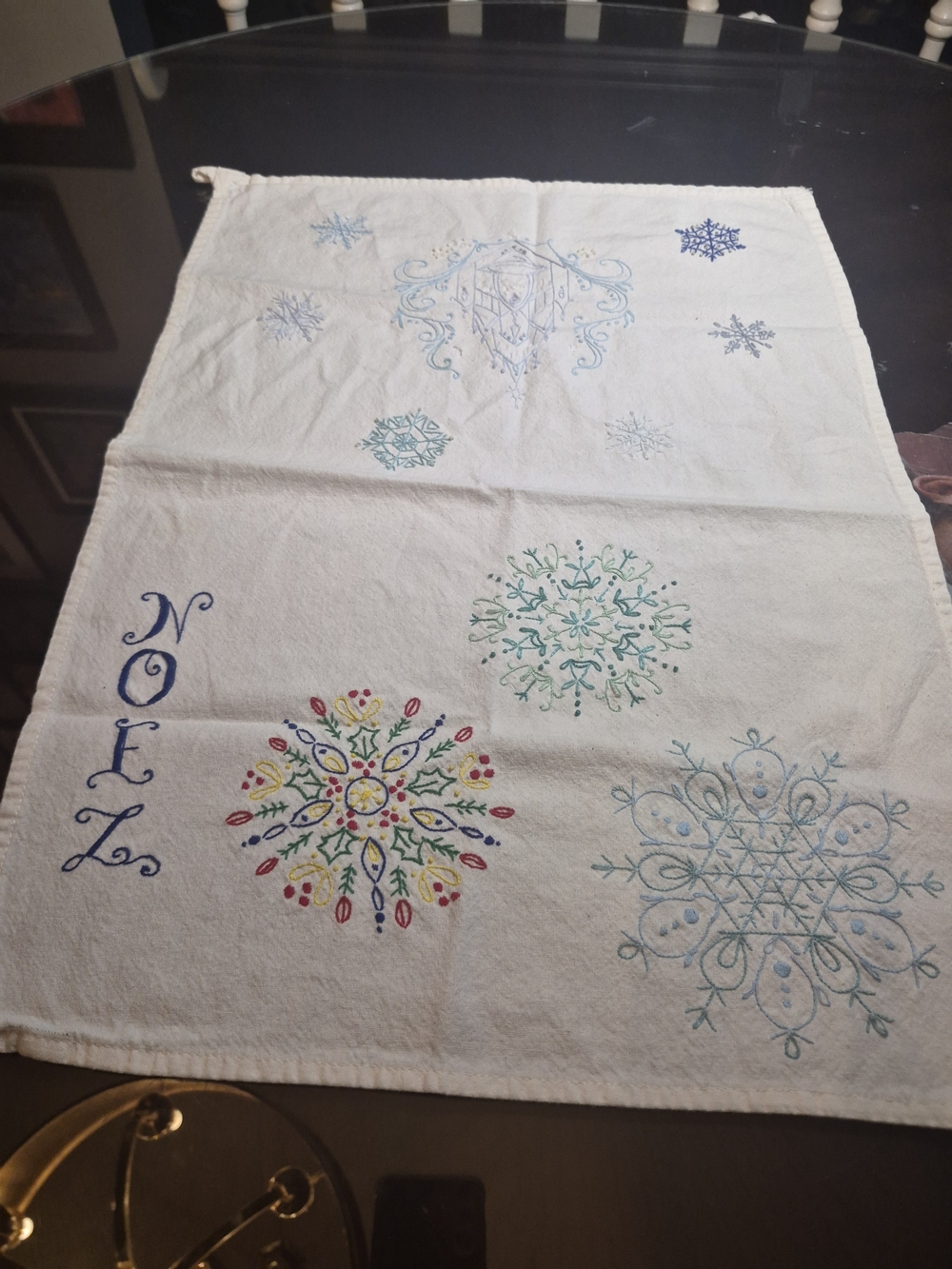 Hand-Embroidered Snowflake flour sack tea towel